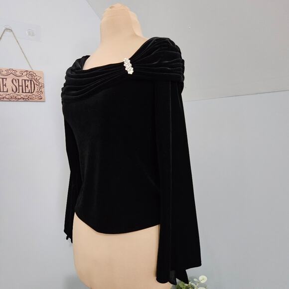 Xscape by Joanna Chen Black Crushed Velvet Rhinestone Brooch Dressy Top Small - Picture 12 of 15